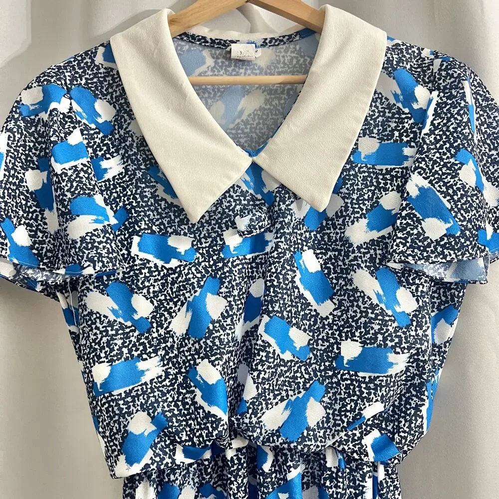 VINTAGE LARGE 90's Blue Abstract Day Dress Midi Peter Pan Collar Short Sleeve - Picture 3 of 8